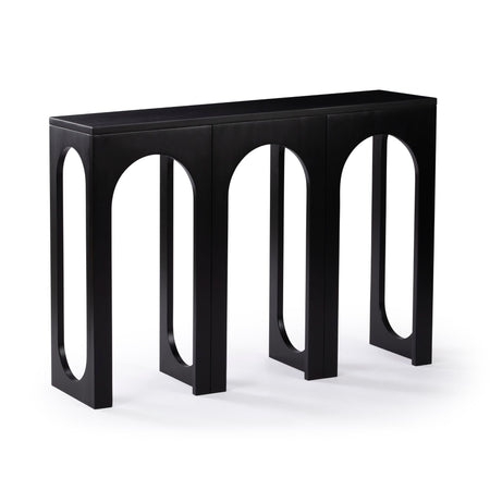 Sleek black console table with an arch design, featuring three architectural, open-arch legs, creating a modern and elegant appearance.