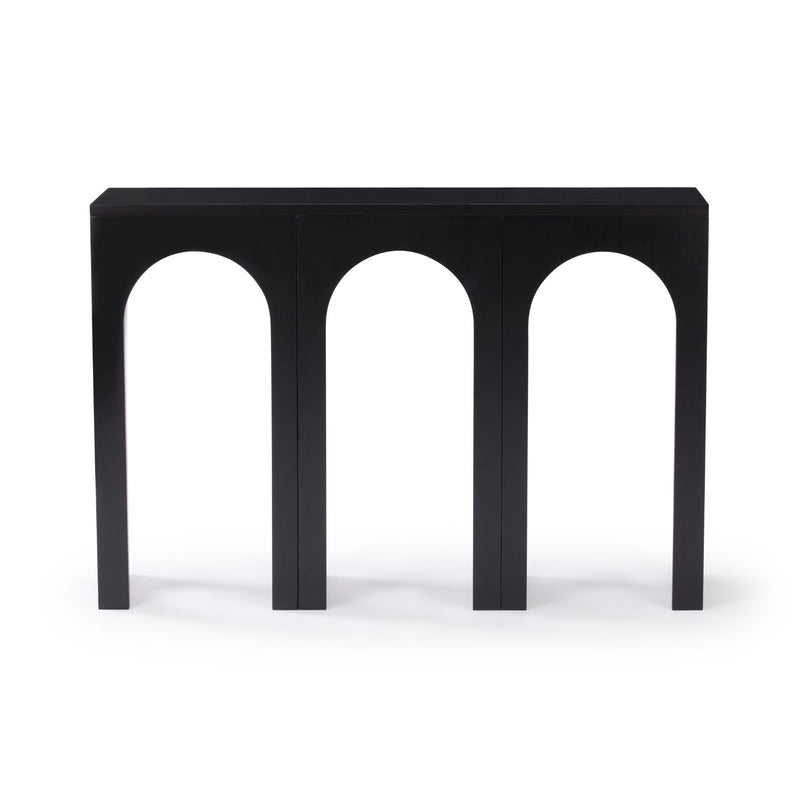 Black modern console table with three arched legs design.