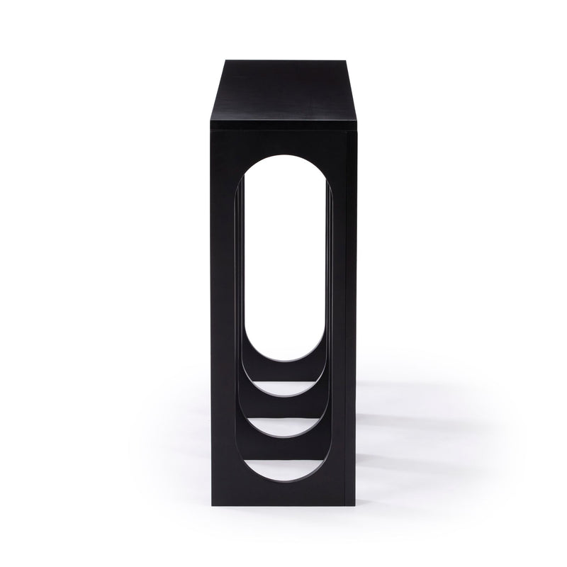 Black modern console table with minimalist arch design on white background.