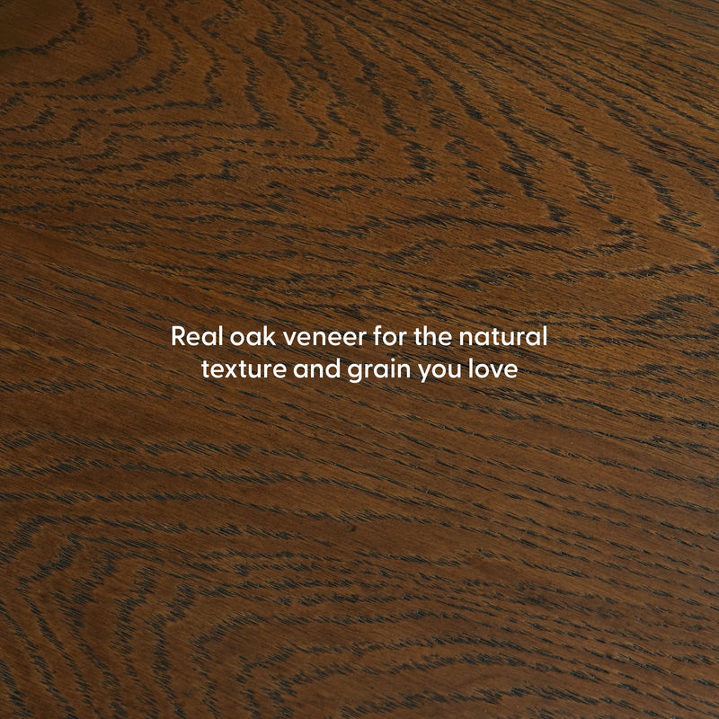 Close-up of real oak veneer with rich brown wood grain and natural texture, ideal for furniture, cabinetry, and flooring