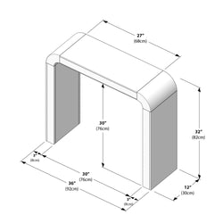 Isometric diagram of a contemporary curved-top white fireplace mantel surround with labeled dimensions: overall 36" (92 cm) width, 30" x 30" (76 x 76 cm) opening, 32" (82 cm) height, 27" (68 cm) top depth, 12" (30 cm) side depth, 3" (8 cm) trim.