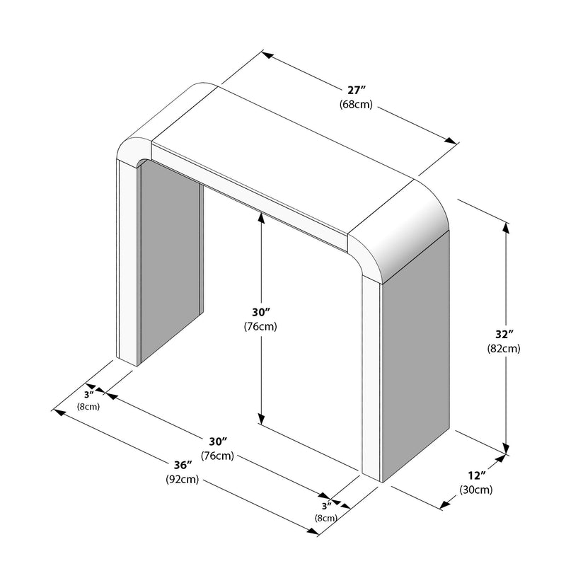 Isometric diagram of a contemporary curved-top white fireplace mantel surround with labeled dimensions: overall 36" (92 cm) width, 30" x 30" (76 x 76 cm) opening, 32" (82 cm) height, 27" (68 cm) top depth, 12" (30 cm) side depth, 3" (8 cm) trim.