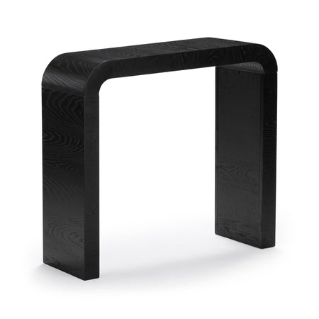 Black modern wood console table with curved edges on white background.