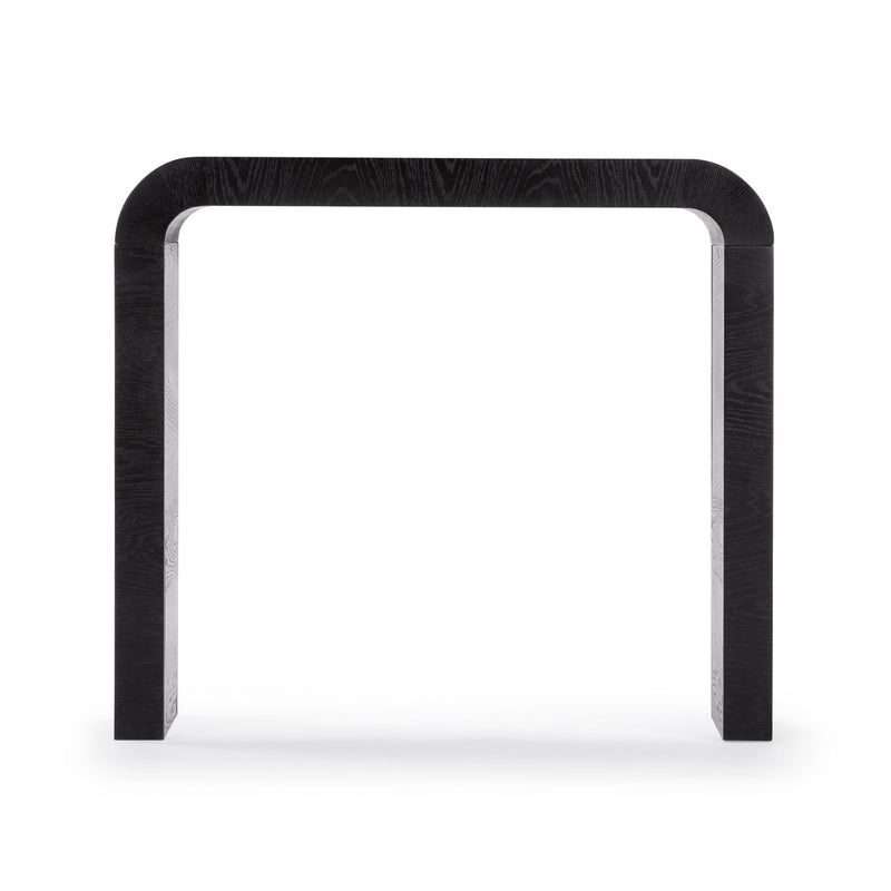 Minimalist black curved wooden console table with two rectangular legs, modern entryway accent on white background