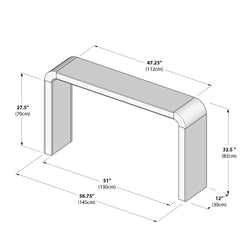 Line drawing schematic of a modern curved-edge console table with dimensions: overall width 56.75″ (145 cm), interior opening 51″ (130 cm), top length 47.25″ (112 cm), left leg height 27.5″ (70 cm), right leg height 32.5″ (82 cm), and depth 12″ (30 cm).