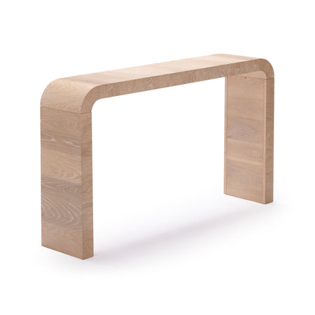 Bleached white oak console table with rounded corners, arched legs and natural wood grain, minimalist modern entryway table