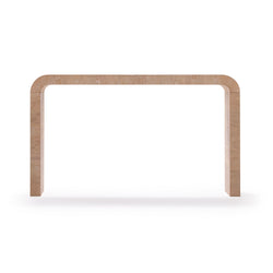 Minimalist light oak curved console table with rounded corners, modern bentwood entryway table on white background