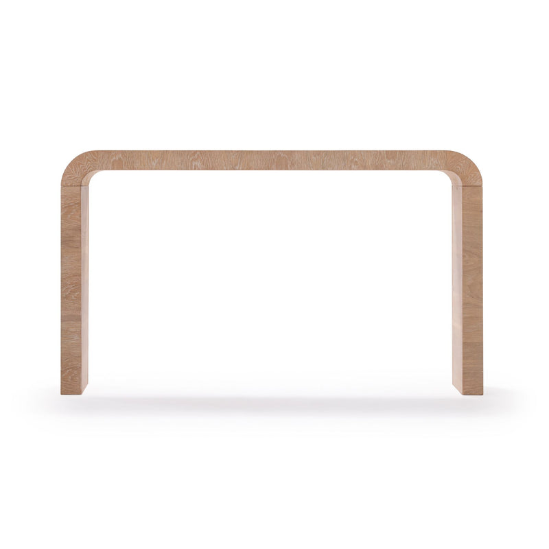 Minimalist light oak curved console table with rounded corners, modern bentwood entryway table on white background