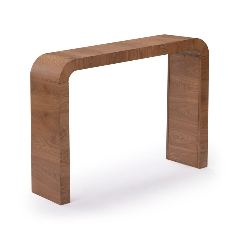 Modern curved walnut console table with rounded edges and U-shaped two-leg minimalist design for entryway, hallway, or living room