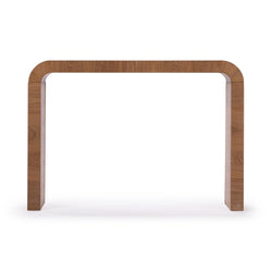 Minimalist modern walnut-tone wooden arch console table with rounded top corners and straight legs on a white background