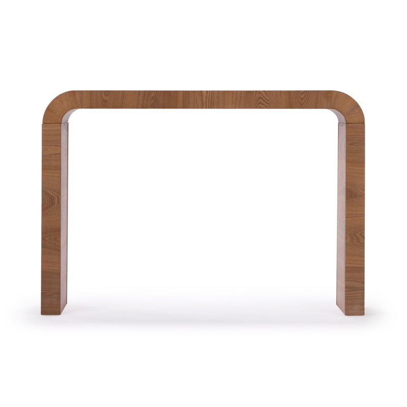 Minimalist modern walnut-tone wooden arch console table with rounded top corners and straight legs on a white background