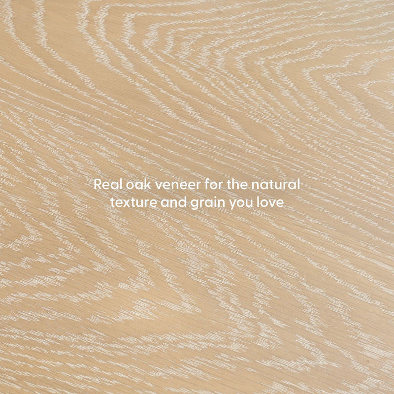 Real oak veneer wood grain texture on a light oak panel with natural grain pattern and whitewashed highlights, with promotional overlay text
