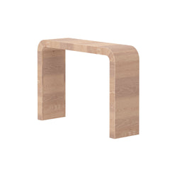 Modern minimalist light oak console table with curved rounded edges, sleek wooden entryway or hallway table