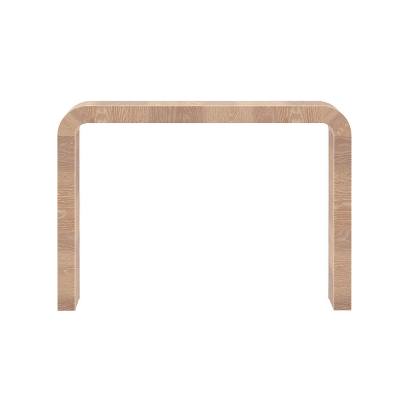 Light oak bentwood console table with rounded corners, modern minimalist Scandinavian entryway and hallway table