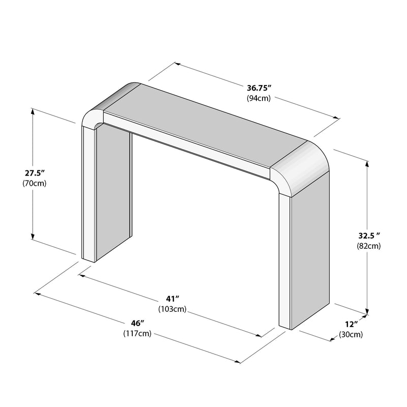 Annotated dimensional diagram of a modern rounded-console table showing overall width 46 in (117 cm), tabletop length 36.75 in (94 cm), opening width 41 in (103 cm), leg heights 27.5 in (70 cm) and 32.5 in (82 cm), and depth 12 in (30 cm)