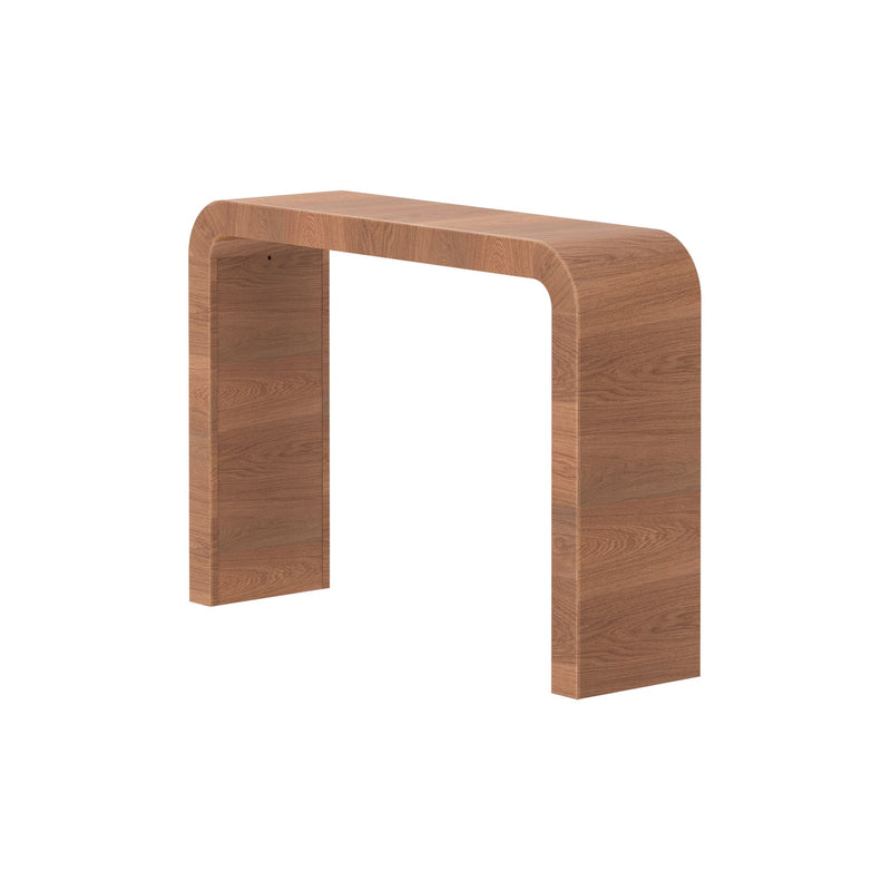 Modern curved-edge wooden console table in warm oak finish, minimalist narrow entryway or hallway table