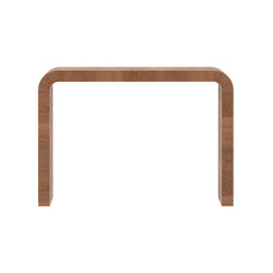 Curved-edge walnut console table, modern minimalist wooden entryway table with rounded corners and natural wood grain on white background