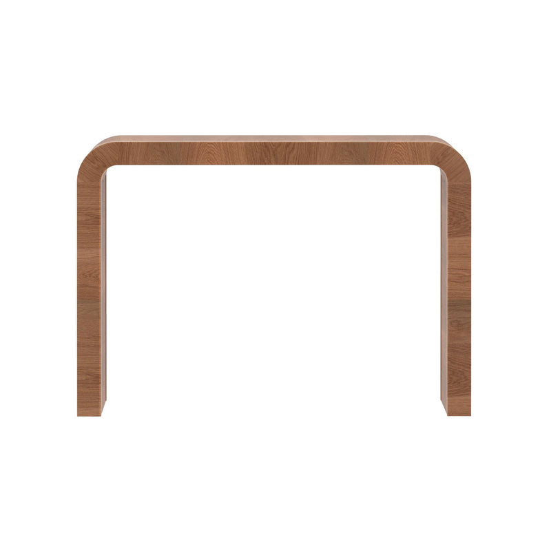 Curved-edge walnut console table, modern minimalist wooden entryway table with rounded corners and natural wood grain on white background