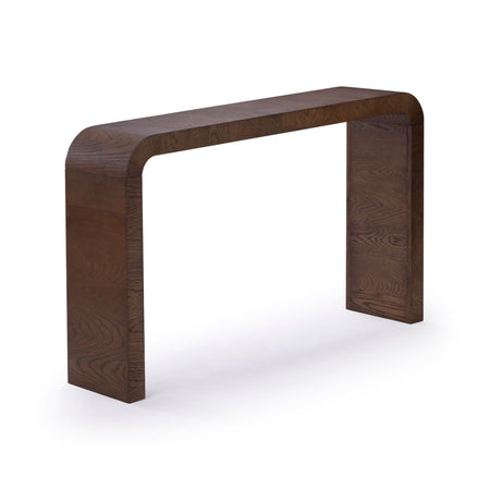Modern curved dark walnut wood console table with visible grain, slim minimalist hallway/entryway table