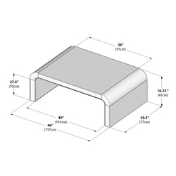 Gray modern curved coffee table with rounded edges and open under-table space, dimensions: 46 in (117 cm) length x 36 in (91 cm) width x 16.25 in (41 cm) height with 40 in (101 cm) internal opening