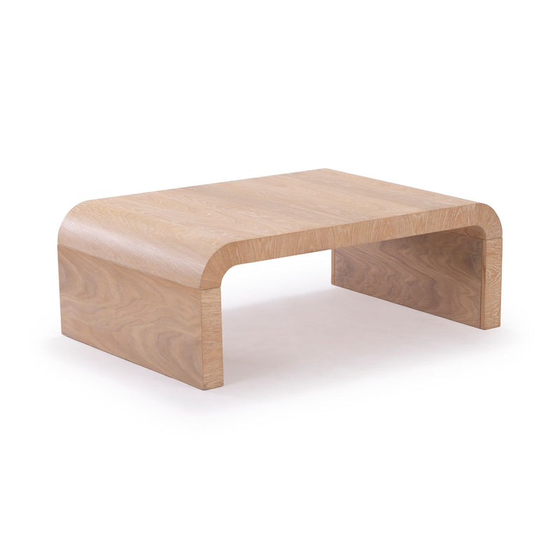 Minimalist light oak coffee table with rounded corners, low-profile modern design and natural wood grain finish for living room