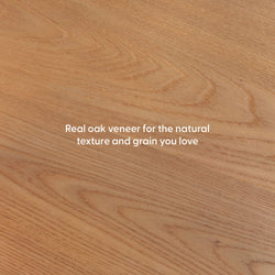 Close-up of natural oak veneer wood panel showing warm brown tones and distinct grain texture, ideal for furniture and flooring