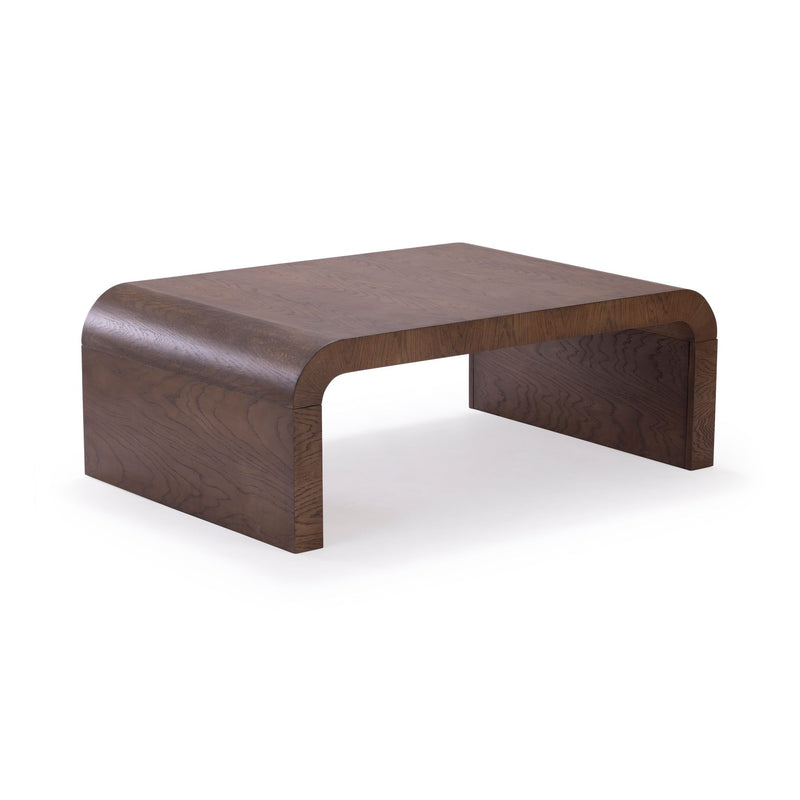 Low-profile modern curved walnut coffee table with bentwood design and minimalist rectangular silhouette for living rooms