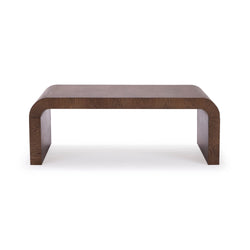 Modern curved wooden coffee table with dark wood finish, low-profile bentwood rectangular design for minimalist living room decor