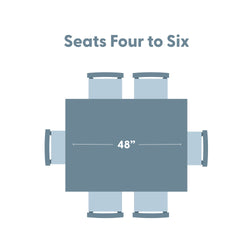 48-inch square dining table diagram showing chair placement and seating for 4 to 6 people, dining table size guide