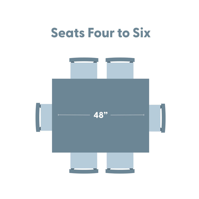 48-inch square dining table diagram showing chair placement and seating for 4 to 6 people, dining table size guide