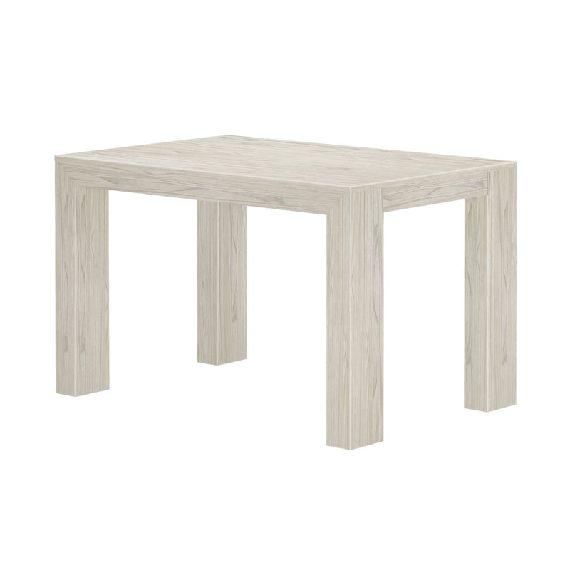 Wooden dining table with minimalist design and light finish.