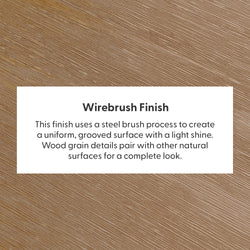 Wirebrush finish on wood surface with steel brush process, featuring grooved texture and natural grain details for an elegant look.