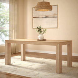 Contemporary wooden dining table with decorative vase in a modern minimalist room.