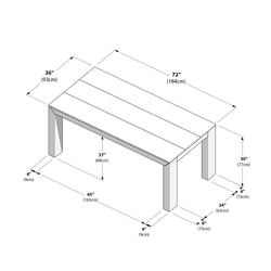 Diagram of a wooden dining table with detailed dimensions, including length, width, and height, shown in inches and centimeters.