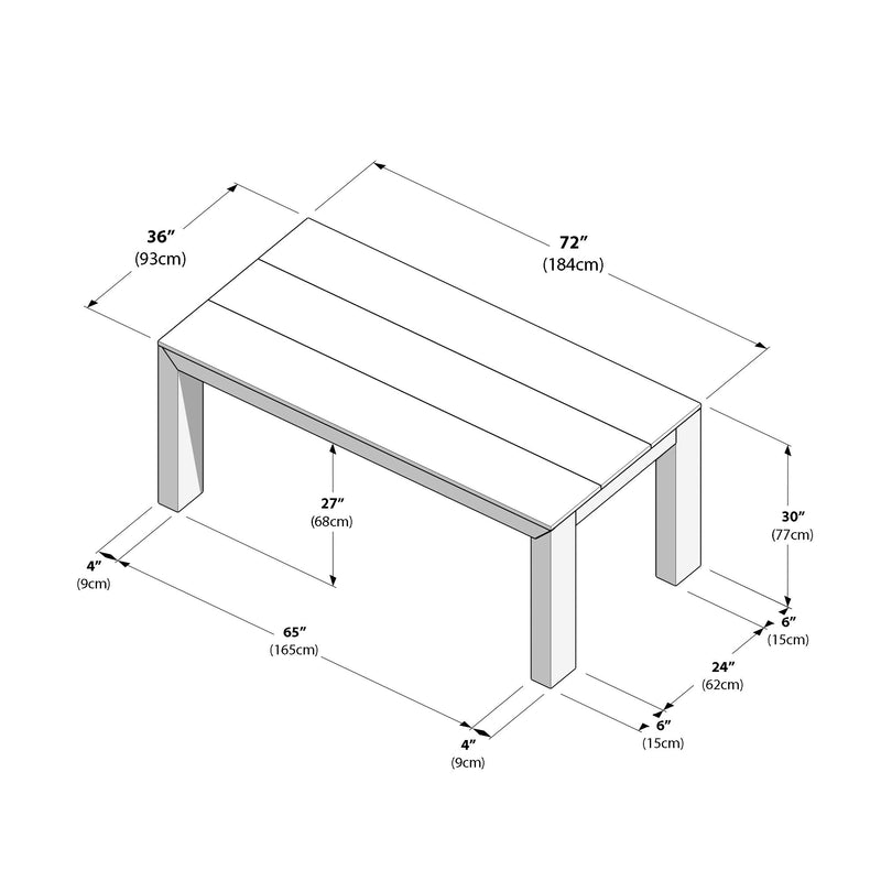 Diagram of a wooden dining table with detailed dimensions, including length, width, and height, shown in inches and centimeters.