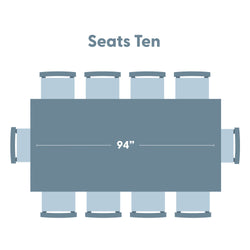 Top-down illustration of a 94-inch rectangular dining table seating 10, showing chair layout and dimensions