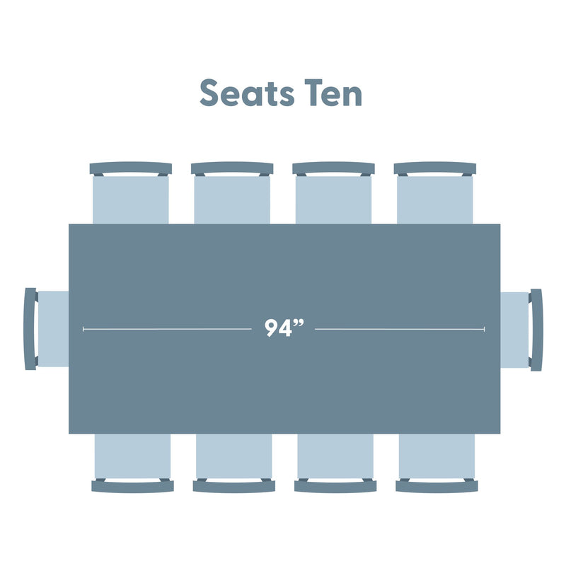 Top-down illustration of a 94-inch rectangular dining table seating 10, showing chair layout and dimensions
