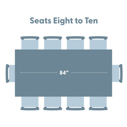 Top-view illustration of an 84-inch rectangular dining table seating chart showing chairs arranged for 8–10 people.