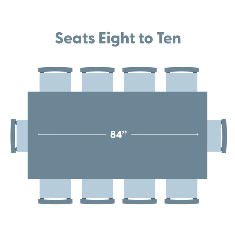 Top-view illustration of an 84-inch rectangular dining table seating chart showing chairs arranged for 8–10 people.