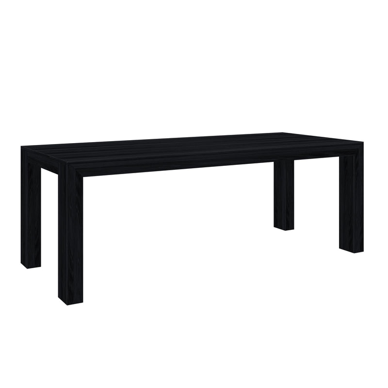 Minimalist black wooden rectangular dining table with straight legs, close-up product shot on white background