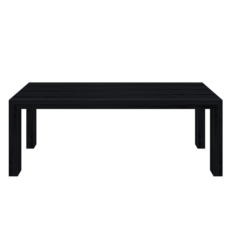 Black wooden dining table with minimalist design on white background.