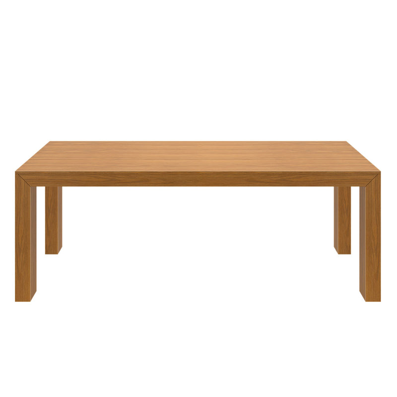 Wooden dining table with minimalist design and sturdy legs.