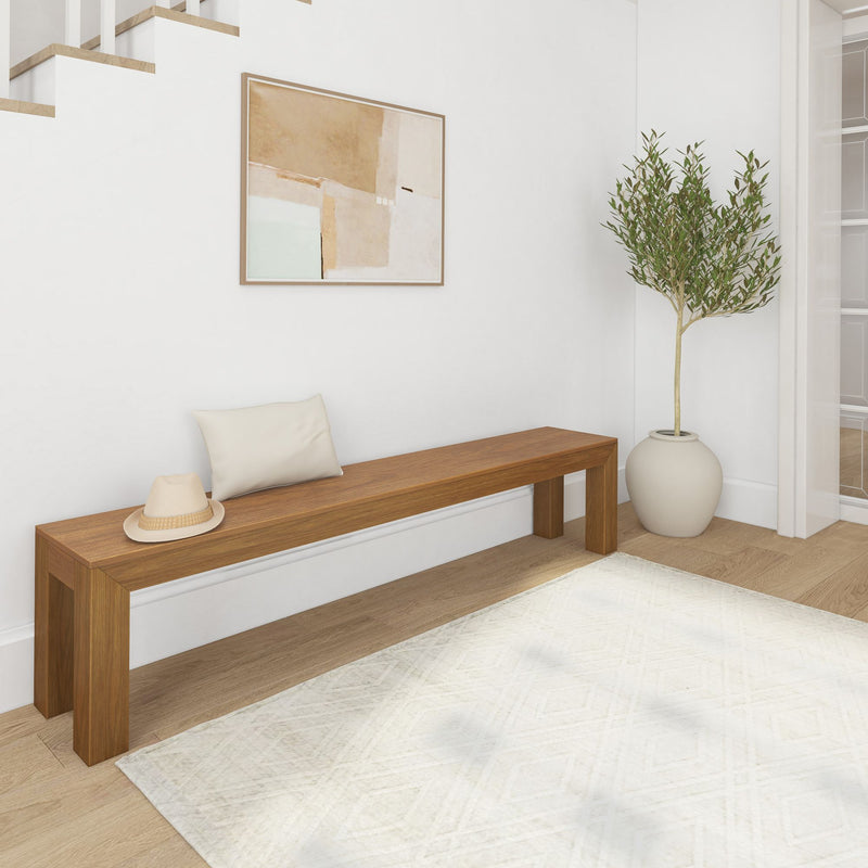 Modern minimalist living room with wooden bench, decorative pillow, potted plant, and abstract wall art.