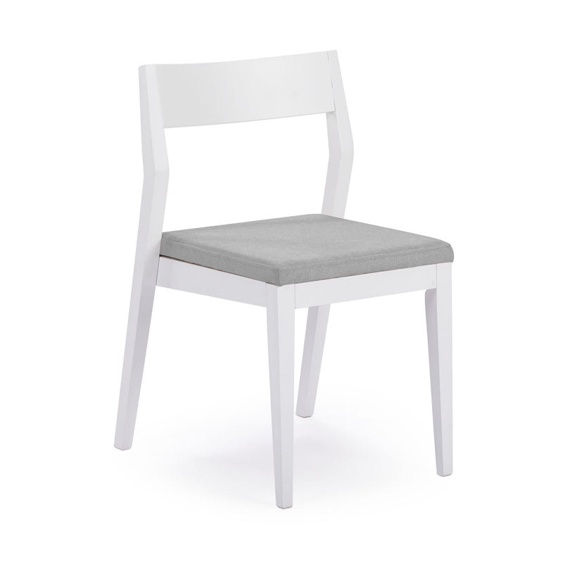 White wooden chair with a gray cushioned seat, perfect for modern dining rooms.