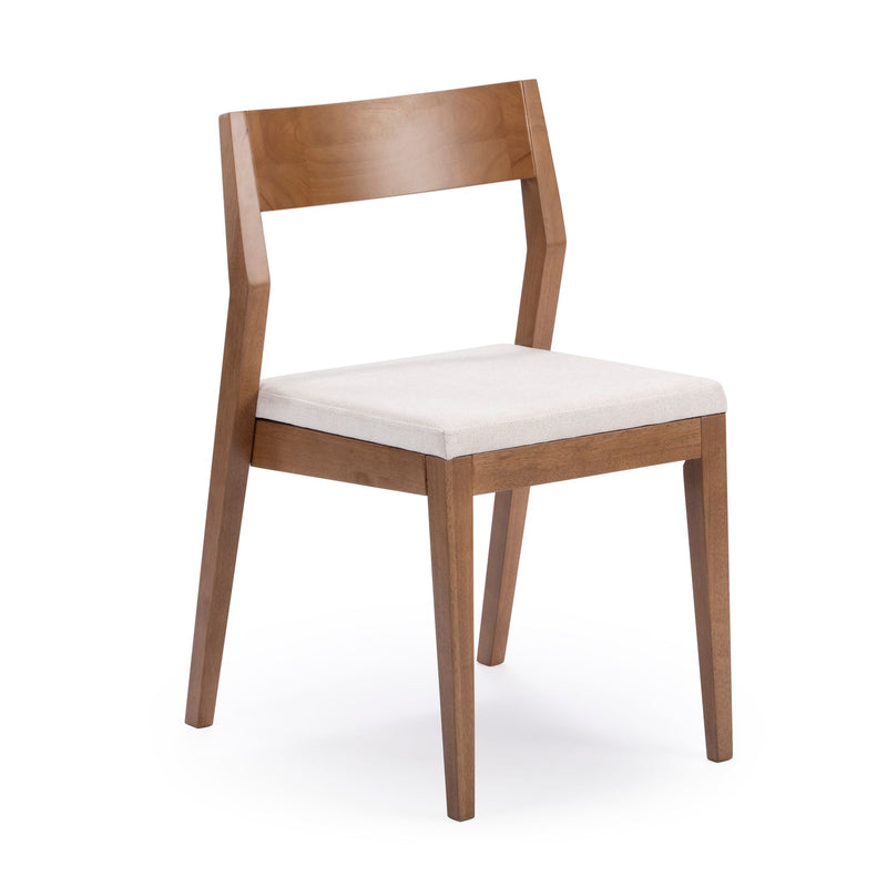 Modern wooden dining chair with white cushioned seat.