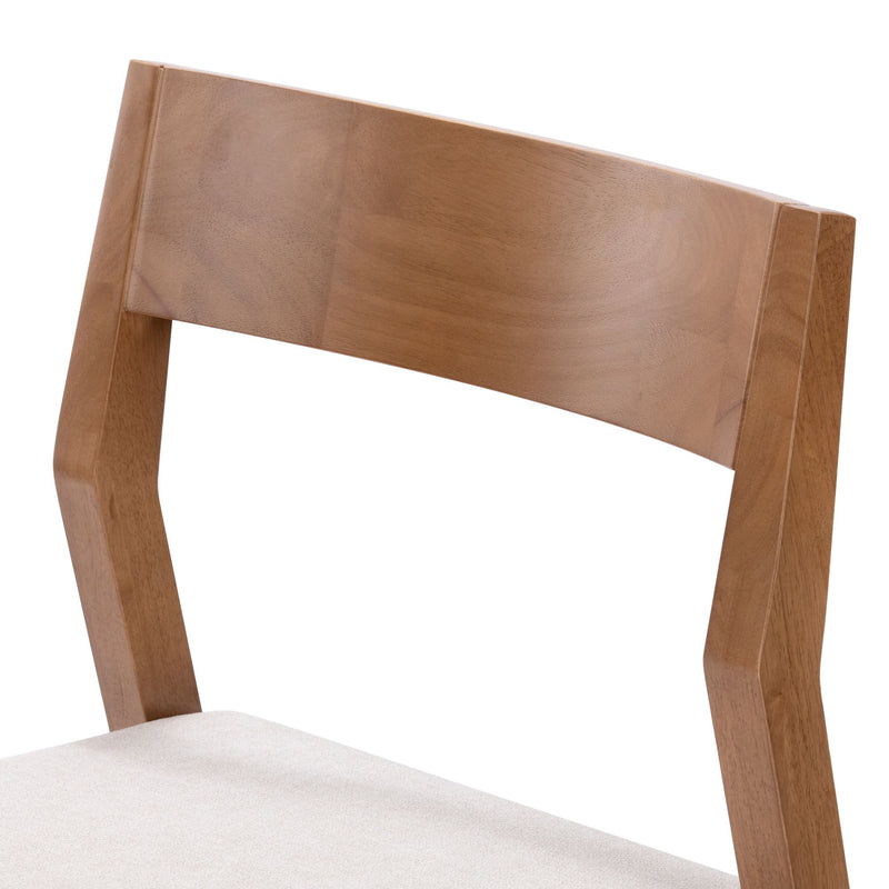 Modern wooden chair backrest design with beige cushion.