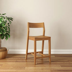 Wooden bar stool with plant in modern minimalist interior.