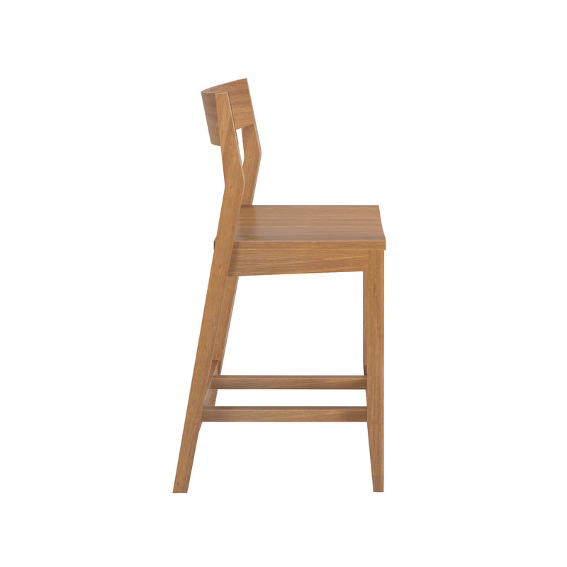 Modern wooden bar stool with ergonomic backrest and minimalist design.