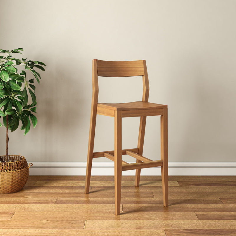 Wooden bar stool with a sleek design on hardwood floor next to a potted plant in a modern minimalist room.
