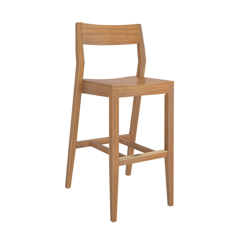 Wooden bar stool with a modern design and backrest.